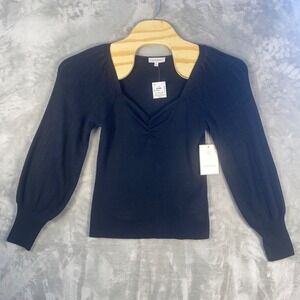 Calligraphie Black Ribbed V Neck Puff Sleeve Sweater Women's Size L NWT